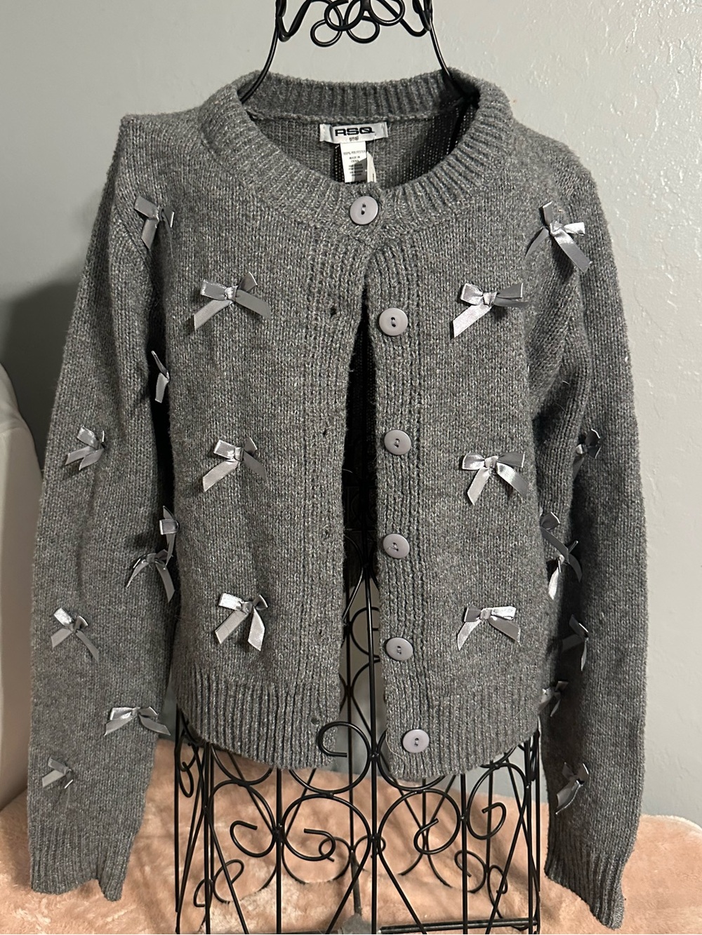 RSQ Grey Bow Accent Button-Front Cardigan